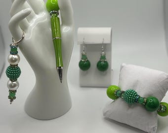 Green pen, earrings, bracelet, and keychain set (4 item set)