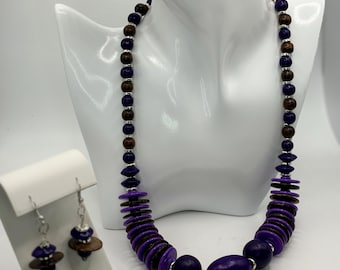 Purple necklace w/ brown and silver accents; Costume jewelry; Cylinder and round purple and brown beads (2pc set; necklace and earrings)