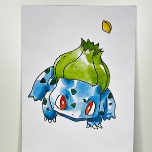 May include: A hand-drawn illustration of a blue and green Pokemon character with red eyes. The character is drawn in a cartoon style and has a green leafy head.