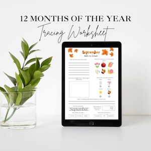Puede incluir: Una hoja de trabajo digital en una tableta con el texto "12 Months of the Year Tracing Worksheet". La hoja de trabajo es para el mes de septiembre e incluye ejercicios de trazado y actividades de temporada. Un jarrón de hojas verdes está a la izquierda.