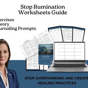 Op de afbeelding: Afbeelding van een gids getiteld "Stop Rumination Worksheets Guide". De afbeelding bevat een laptop, werkbladen en de tekst "Stop Overthinking and Create Healing Practices". De gids behandelt oefeningen, theorie en journaling-prompts.