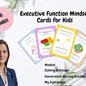Puede incluir: Un juego de cartas "Executive Function Mindset Cards for Kids" con cuatro cartas visibles, cada una con ilustraciones coloridas y texto. Un círculo rosa dice "48 CARTAS". Las cartas abordan la mentalidad, las técnicas de calma, las preguntas de conversación y los superpoderes.