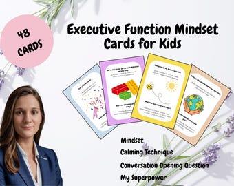 Executive Functioning Mindset Cards, Printable ADHD Coping Skills, Social Emotional Learning, Therapy Tools for Kids, Kids Calm Corner