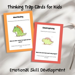 Puede incluir: Dos tarjetas coloridas para niños con el texto "Thinking Trap Cards for Kids" y "Emotional Skill Development". Una tarjeta es naranja y la otra roja. Cada tarjeta presenta un dinosaurio de dibujos animados y texto sobre habilidades emocionales.