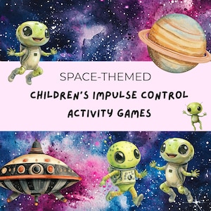 Peut inclure: Illustration à l'aquarelle de jeux d'activités sur le thème de l'espace pour le contrôle des impulsions des enfants. L'image comprend des extraterrestres de dessins animés, une planète avec des anneaux et un vaisseau spatial. Texte: JEUX D'ACTIVITÉS SUR LE THÈME DE L'ESPACE.