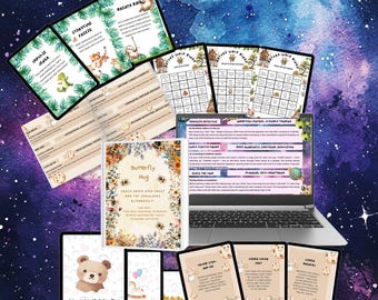 May include: A collection of educational cards and a laptop, featuring illustrations of animals and text. The cards include phrases like "Storytime Freeze" and "Butterfly Hug." The background is a watercolor galaxy design.