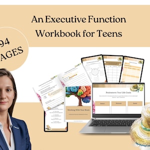 May include: An Executive Function Workbook for Teens, with 94 pages. The image displays a laptop, tablets, and printed worksheets. A woman in a blue blazer is on the left. A straw hat and a drink are on the right.