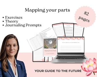 Puede incluir: Un cuaderno de trabajo digital titulado "Mapping your parts" con 82 páginas, que se muestra en una computadora portátil y páginas impresas. El cuaderno de trabajo incluye ejercicios, teoría y indicaciones para escribir en un diario. Una mujer con una blazer azul está en la imagen, junto con una flor de loto rosa.