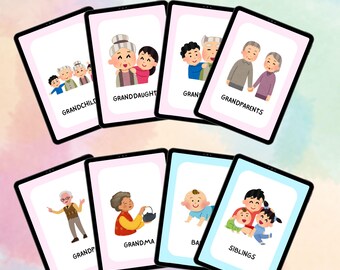 Family Members Flashcards | Printable Family Tree Learning Cards | Kids Vocabulary, ESL, Montessori Educational Resource