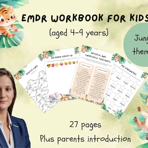 Puede incluir: Cuaderno de trabajo EMDR para niños de 4 a 9 años, con temática de la jungla. Incluye 27 páginas más una introducción para padres. Presenta páginas con indicaciones para chequeos corporales, pensamientos útiles y fortalezas. Con ilustraciones de un tigre y un leopardo.