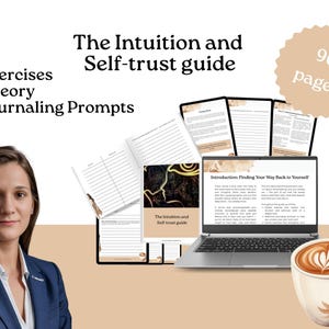 Puede incluir: Imagen que promociona la "Guía de la Intuición y la Confianza en Uno Mismo" con el texto "Ejercicios, Teoría, Indicaciones para el diario". La guía se muestra en un portátil y en formato impreso.