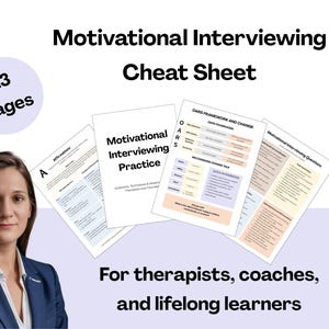 Puede incluir: Un conjunto de documentos de 13 páginas titulado Motivational Interviewing Cheat Sheet, que incluye guías sobre el marco OARS, el cambio y técnicas de práctica. Las páginas contienen texto negro sobre papel blanco con recuadros en naranja y morado.