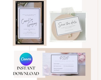 Modern Elegant Wedding Template Bundle, Canva Instant Download - Save the Date, Invitation & RSVP