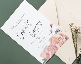 ブラッシュピンク、花柄の結婚式招待状テンプレート、Canva 即時ダウンロード