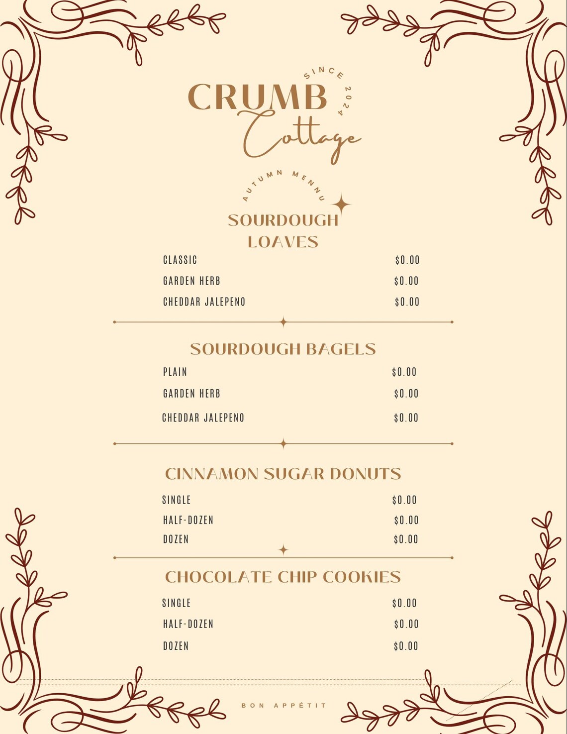 Menu Cottage Core Cottagecore Bakery Menu Template: Editable Sourdough Stand Design ...