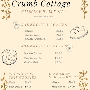 Menu modifiable de la boulangerie Cottagecore | Modèle de toile d'été | Menu à base de levain imprimable | Conception de menu style cottage miettes | Personnalisable