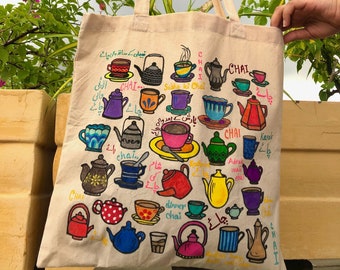 cute tote bag tea lover gift chai teacups housewarming gift handpainted canvas tote