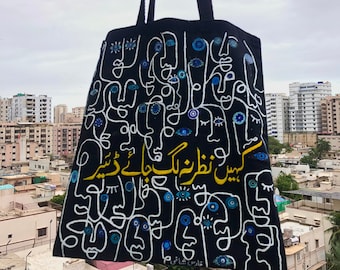 Evil eye tote bag turkish blue bead bag for gift evil eye line art black  hand-painted shoulder bag for men and women