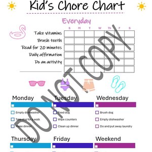 Op de afbeelding: Een kleurrijke takenlijst voor kinderen met de titel "Kid's Chore Chart". Het bevat dagelijkse en wekelijkse taken zoals het innemen van vitamines, tandenpoetsen en het doen van klusjes. De lijst is ontworpen om kinderen te helpen goede gewoonten te ontwikkelen.