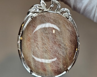 Amphibole Quarz Anhänger, Pink & Weiss Kaninchenhaar, Sterling Silber, Pavé CZ