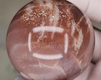 Pink Moonstone Sunstone Sphere, Rainbow Confetti and Gold Flash, Hematite and Goethite Inclusions, Natural Color