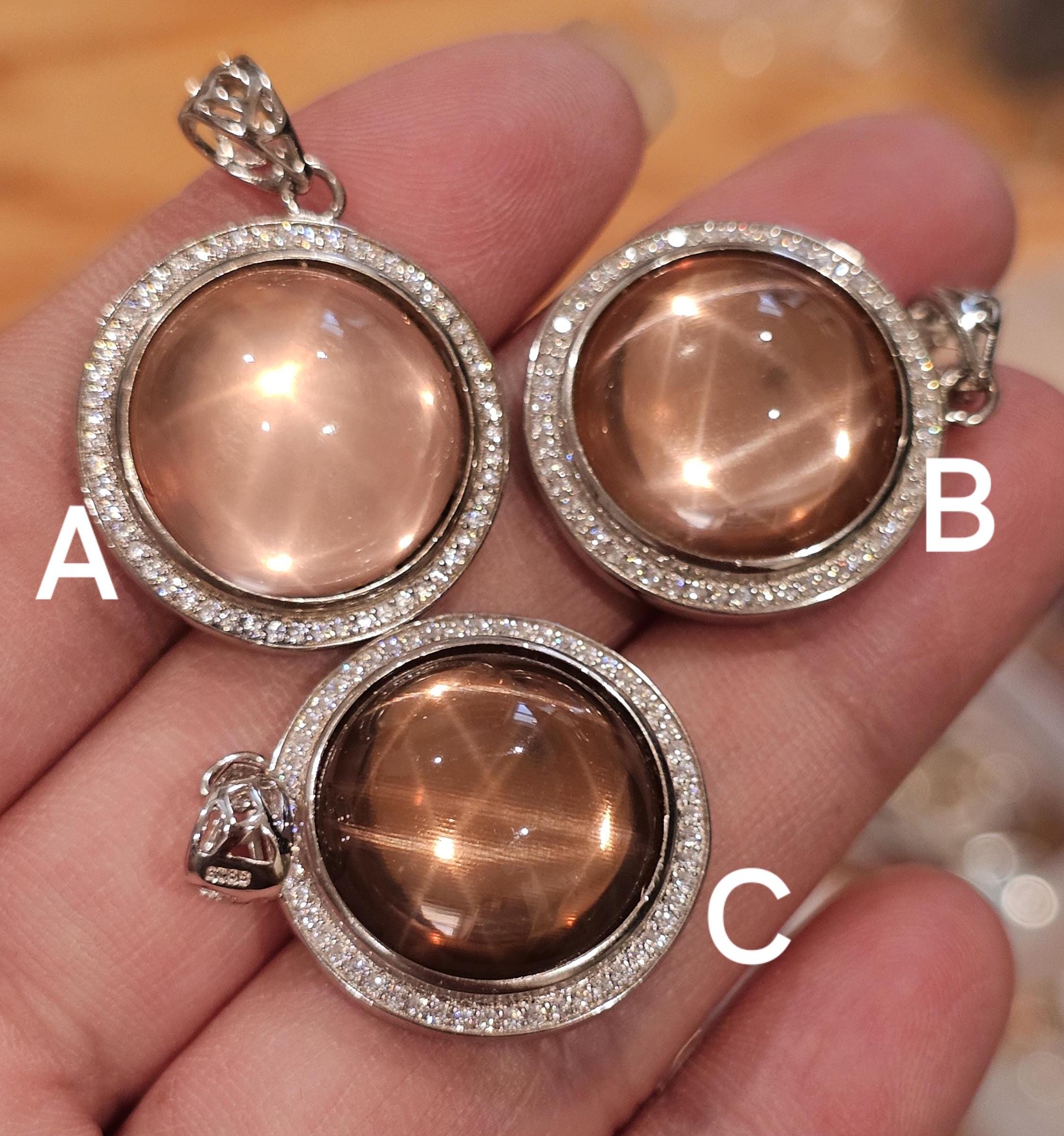 Star Rose Quartz Pendant, Round Cut Pendant With Halo, Asterism, Starlight Rose Quartz