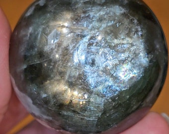 Gemmy Green Mica Sphere with Moonstone, Rainbows, Strong flash, Green Lepidolite, Green Muscovite, High-quality, Fuschite, Chrome Mica