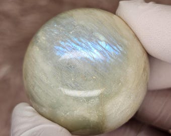 Silky Sage Green Moonstone Sphere, Blue and Rainbow Flash, Rare Garnierite Crystal Sphere
