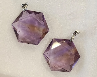 Ametrine Faceted Hexagon Pendant, Sterling Silver 925, Handcarved, Necklace, Natural Crystal Gem