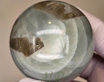 Silky Sage Green Moonstone Smoky Quartz Sphere, Silky Garnierite with Smoky Quartz Inclusions