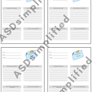 Puede incluir: Cuatro plantillas de notas de sesión imprimibles con campos para la fecha, el nombre, el cliente, la descripción general de la sesión, los objetivos/habilidades a los que se dirige, los comportamientos desadaptativos observados y las notas y recordatorios. Cada plantilla presenta una nota adhesiva azul con el texto "Session Note" en negro.