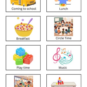 Puede incluir: Un gráfico colorido con ilustraciones de diferentes actividades en un aula de preescolar. Las actividades incluyen venir a la escuela en un autobús amarillo, comer el almuerzo, desayunar, tiempo de círculo, jugar con bloques, escuchar música, jugar en el gimnasio o en el patio, y hacer actividades de centro.