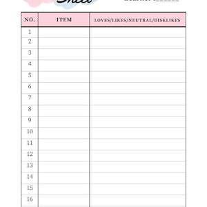 Könnte beinhalten: Ein druckbares Verstärkungsblatt mit einem rosa-blauen Aquarellhintergrund. Das Blatt enthält eine Tabelle mit den Spalten "NO.", "ITEM" und "LOVES/LIKES/NEUTRAL/DISLIKES". Die Tabelle hat 18 Zeilen.