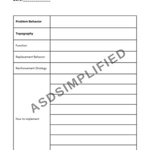 Puede incluir: Un formulario de intervención conductual imprimible en blanco y negro con el título "Intervención conductual". El formulario incluye secciones para "Nombre", "Fecha", "Cliente", "Conducta problemática", "Topografía", "Función", "Conducta de reemplazo", "Estrategia de refuerzo" y "Cómo implementar".