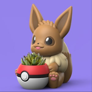 May include: A brown Eevee figurine holding a red, white, and black Pokeball planter with a green succulent. The Eevee has large ears, a pink tongue, and pink paw pads. The background is a solid purple.