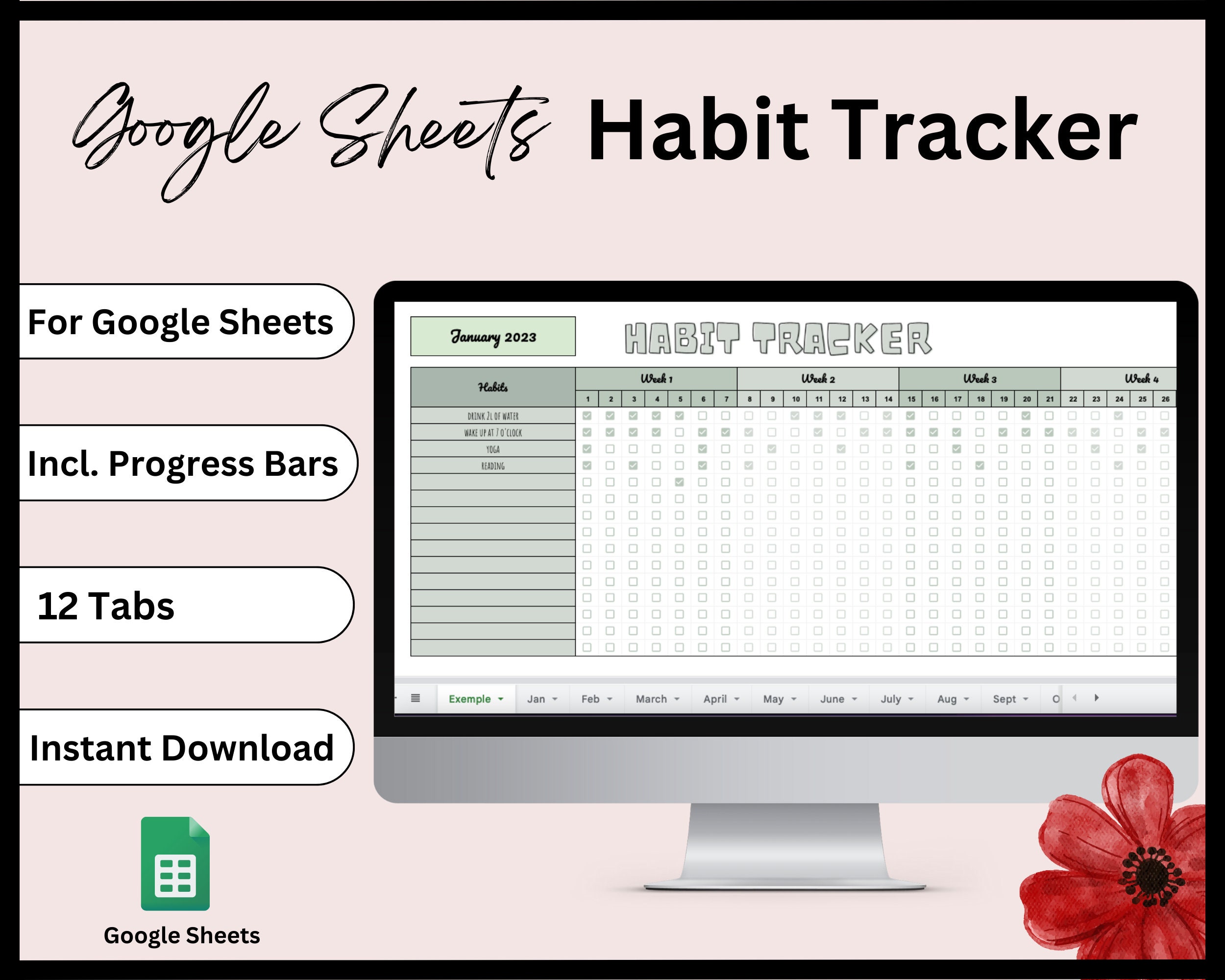 Mensal Habit Tracker verde, planilha do Google Habit Tracker, modelo de meta, planilha de rotina