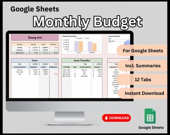 Monatlicher Budgetplaner, Budgetvorlage, Google Sheets, Finanzplaner für Einnahmen und Ausgaben, Budgettabelle