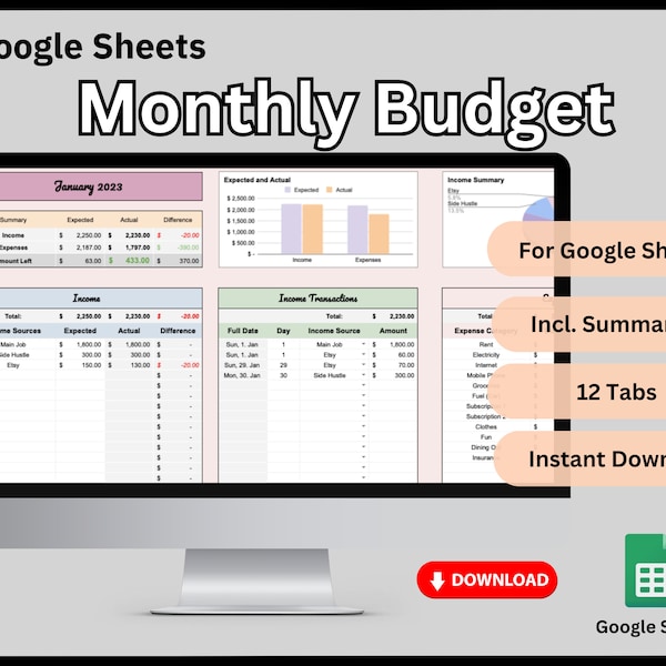 Monatlicher Budgetplaner, Budgetvorlage, Google Sheets, Finanzplaner für Einnahmen und Ausgaben, Budgettabelle