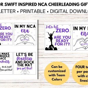 May include: Printable gift tags with cheerleading-themed designs. The tags feature phrases like "Let's hit ZERO" and "IN MY NCA era" in purple and black. The tags are customizable with team colors and come four per page with cut lines.