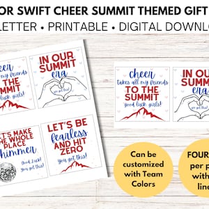 May include: Four printable gift tags featuring Taylor Swift lyrics and imagery from her "Eras Tour". The tags are designed for a cheer summit and include phrases like "Let's Make the Whole Place Shimmer" and "In Our Summit Era".