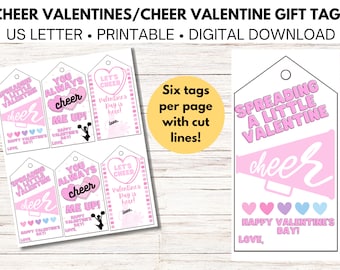 May include: Six printable Valentine's Day gift tags featuring a cheerleading theme. The tags are pink and white with a megaphone, hearts, and the text "Spreading a Little Valentine cheer", "You Always Cheer Me Up!" and "Let's Cheer Valentine's Day is here!"