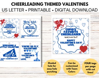 May include: Four printable Valentine's Day tags featuring cheerleading themes. The tags are blue, red, and white with hearts and a cheerleader graphic. The text on the tags includes "Cupid's Favorite Cheerleader", "You are One Loved Cheerleader", "Spreading a Little Valentine", and "You're So Fly, Valentine!" Each tag has a hole for easy punching.