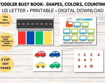 Op de afbeelding: Een printbaar drukboek voor peuters met vijf activiteitenpagina's met vormen, kleuren en telactiviteiten. Het boek bevat een pagina met een weg en vier gekleurde auto's, een pagina met een trein met tien wagons en een pagina met de nummers 1 tot en met 10. Het boek is ontworpen om kinderen vormen, kleuren en tellen te leren.