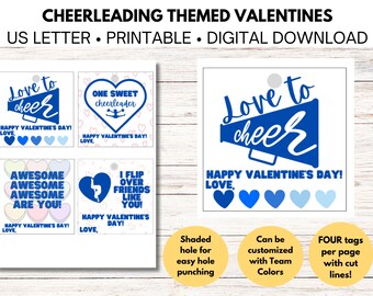 May include: Four printable Valentine's Day tags featuring cheerleading themes. The tags are blue and white with hearts and text that says "Love to cheer", "One Sweet Cheerleader", "Awesome Awesome Awesome Are You!" and "I Flip Over Friends Like You!" The tags have a shaded hole for easy hole punching.