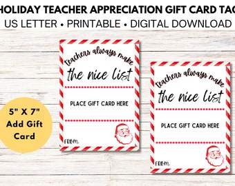 TEACHERS always make the NICE list Gift Card Holder, Teacher Holiday Appreciation Gift Card Holder, Gift Card Holder/Tag for Holiday Gift
