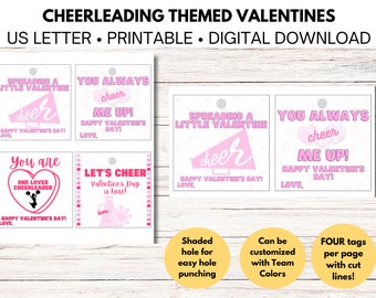 May include: Four printable Valentine's Day tags featuring a cheerleading theme. The tags are pink and white with a cheerleading megaphone and the text "You always cheer me up!" and "Spreading a little Valentine".