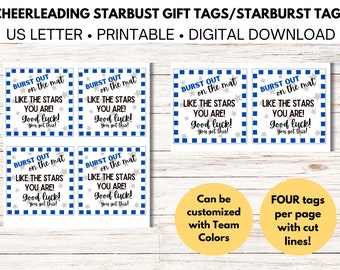May include: Four printable cheerleading gift tags with a blue and white checkered background. The tags feature the text "Burst Out on the Mat Like the Stars You Are! Good Luck! You Got This!" with silver stars. The text can be customized with team colors.