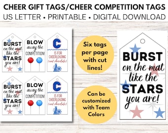 May include: Six printable cheer gift tags with the text "Burst on the mat like the stars you are!" and "Blow away the competition!"  The tags are decorated with stars and red and blue accents.