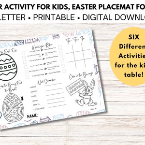 May include: Printable Easter activity placemat for kids featuring six different activities including a word search, maze, color-in-the-egg, tic-tac-toe, and more. The placemat is designed for US Letter size paper.