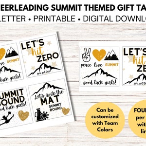 May include: Four printable gift tags featuring a mountain and cheerleading-themed text. The tags include phrases like "Peace love summit", "Let's hit zero", "Summit bound", and "Let's rock the mat".